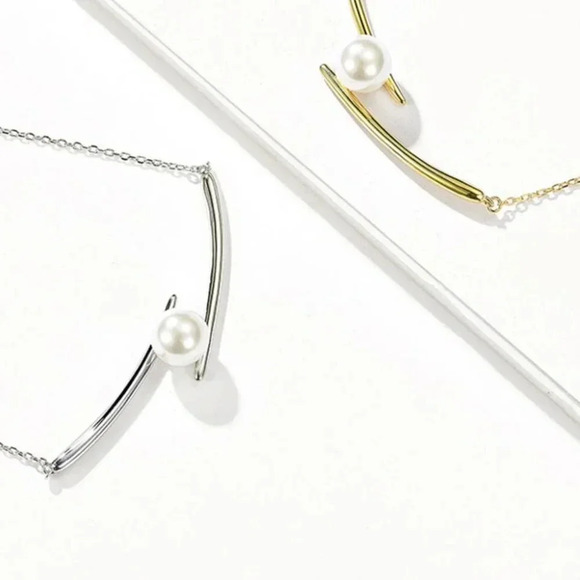 925 Sterling Silver Double Bar Pearl Necklace - Picture 10 of 10